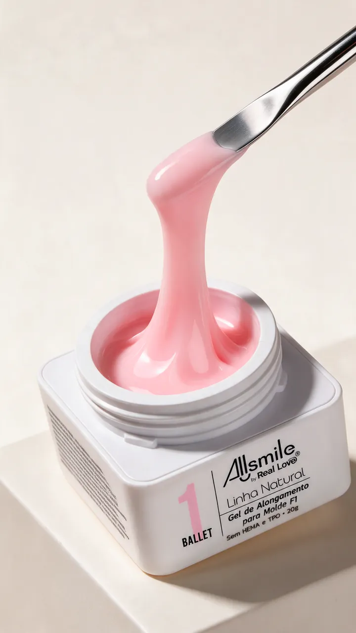 Pote do gel AllSmile, cor 1 Ballet, com uma espátula puxando o gel rosa